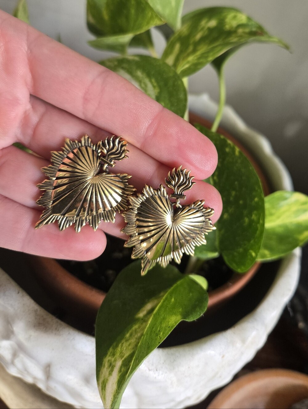 Gold Sacred Heart Flame Statement Earrings - Women Jewelry